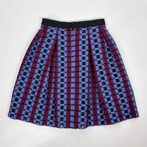 Scanlan Theodore Pleated Skirt Women US 2‎ AUS 6 Burgundy Blue Check Wool Blend - Picture 2 of 6